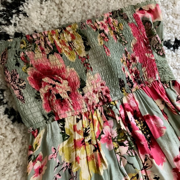 Legend Strapless Green Floral Babydoll Flare Mini Summer Dress XS/S - Picture 3 of 4